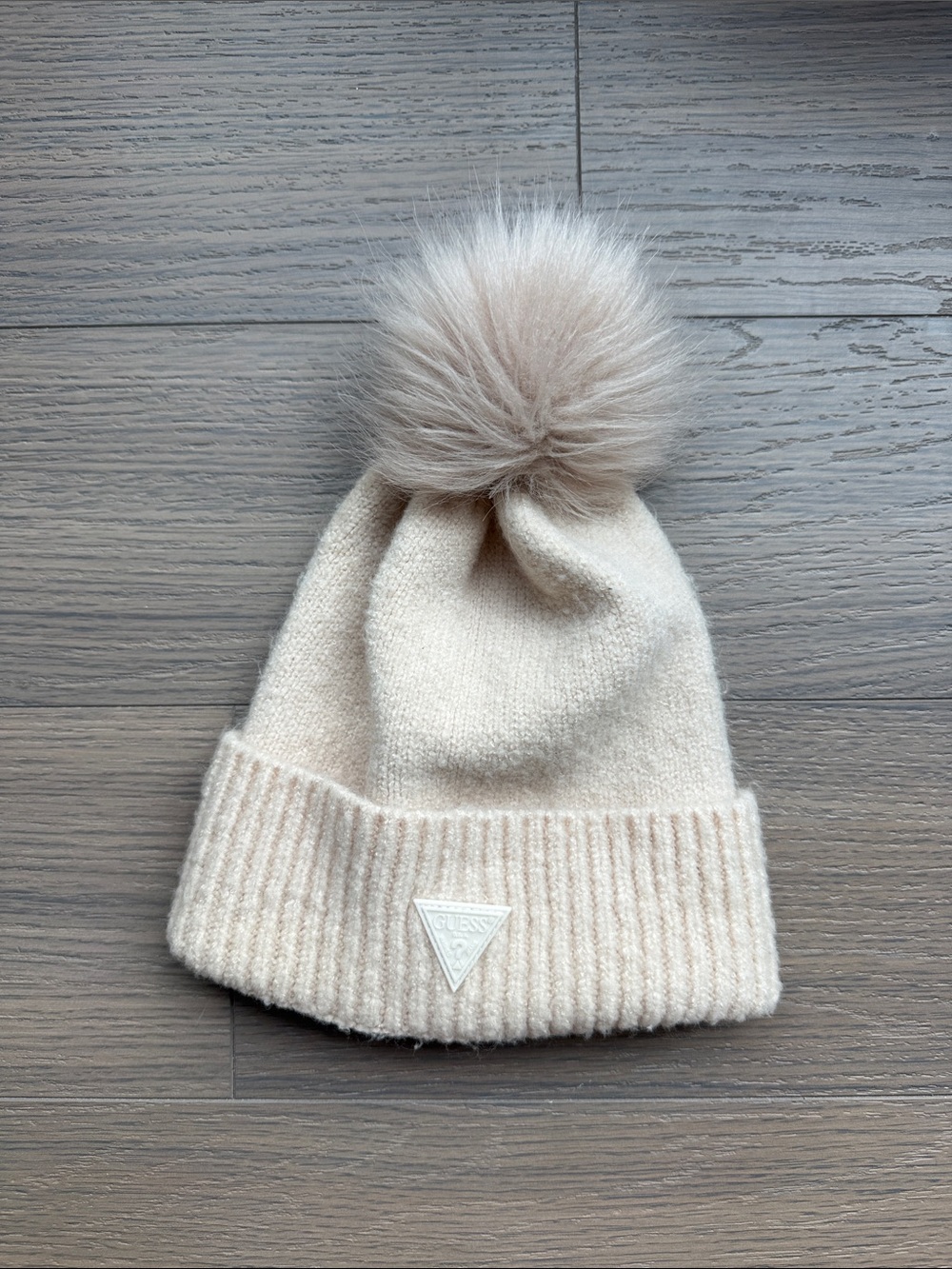 Guess Cream Knit Pom-Pom Beanie